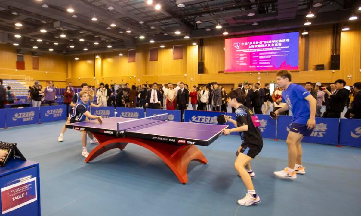 A China-U.S. table tennis friendly match is pictured at Shanghai University of Sport in Shanghai, east China, April 13, 2026. (Xinhua/Wang Xiang)