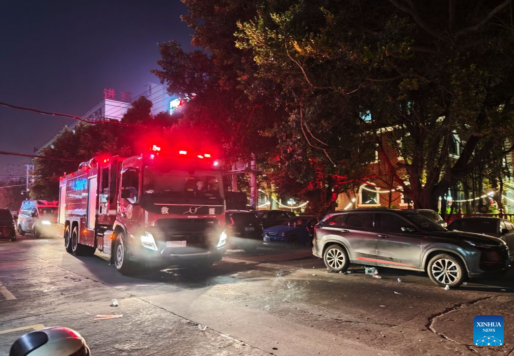 A fire truck is pictured after a fire broke out at a shoe factory in Jiangtou Village, Chendai Township of Jinjiang City, southeast China's Fujian Province, on July 9, 2026. Twenty-eight people have been killed following a fire at a shoe factory in Jinjiang City on Thursday, local authorities said. (Xinhua/Zhou Yi)