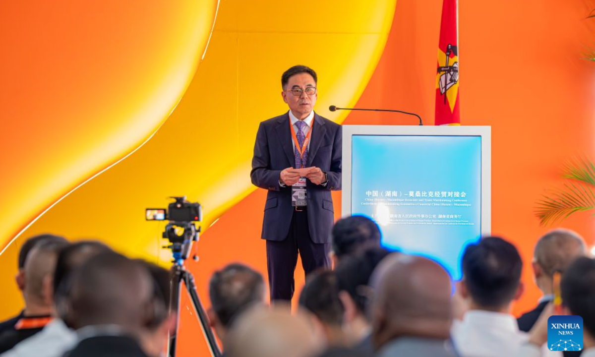 Wang Junshou, a member of the Standing Committee of the Communist Party of China Hunan Provincial Committee and secretary-general of the committee, speaks at the China (Hunan)-Mozambique Economic and Trade Matchmaking Conference held in Maputo, Mozambique, Sept. 1, 2026. (Photo by Mendes Mondlane/Xinhua)