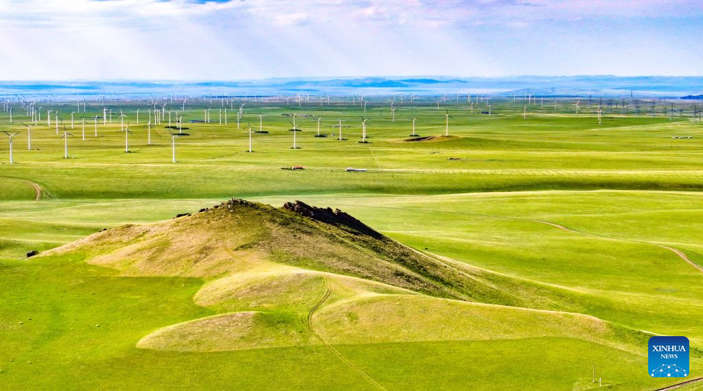 An aerial drone photo taken on July 19, 2026 shows a volcano in a national geopark in Xilingol League, north China's Inner Mongolia Autonomous Region. (Photo by Wang Zheng/Xinhua)