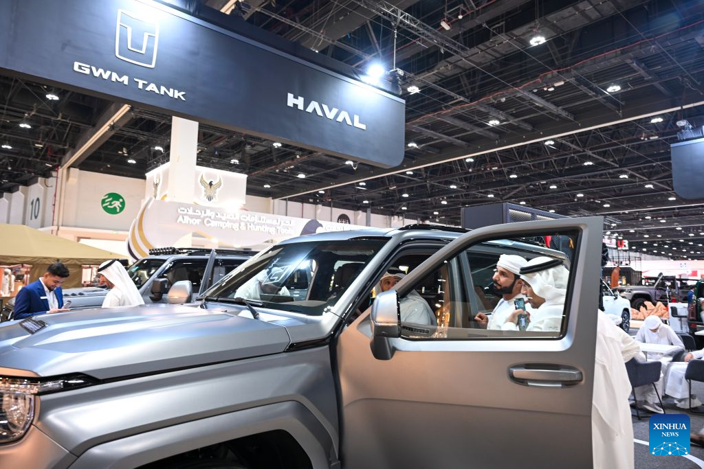 People learn about an off-road SUV of Chinese automaker GWM during the 2026 Abu Dhabi International Hunting and Equestrian Exhibition (ADIHEX) in Abu Dhabi, the United Arab Emirates, Sept. 2, 2026. ADIHEX 2026 is held here from Aug. 28 to Sept. 6. (Xinhua/Wang Zecong)