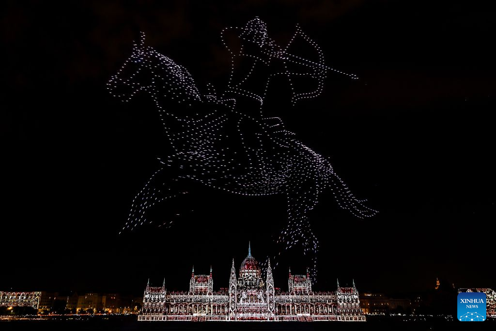 An evening show featuring fireworks, choreographed drone displays and light projections is held to celebrate the Hungarian national day in Budapest, Hungary, Aug. 20, 2026. (Photo by David Balogh/Xinhua)