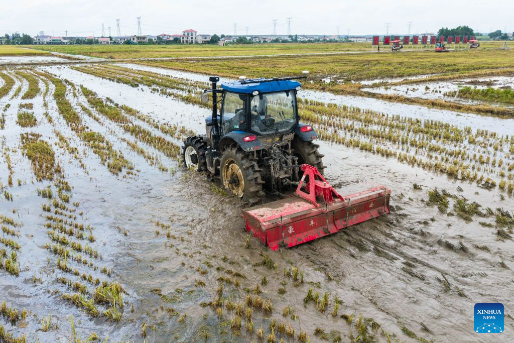 An aerial drone photo taken on June 22, 2026 shows an unmanned rotary tiller plowing the field at a smart farm in Xiangjiang Village, Changsha City, central China's Hunan Province. Local farmers here are deploying various types of modern agricultural machinery and equipment during the summer harvest and planting season. (Xinhua/Chen Sihan)