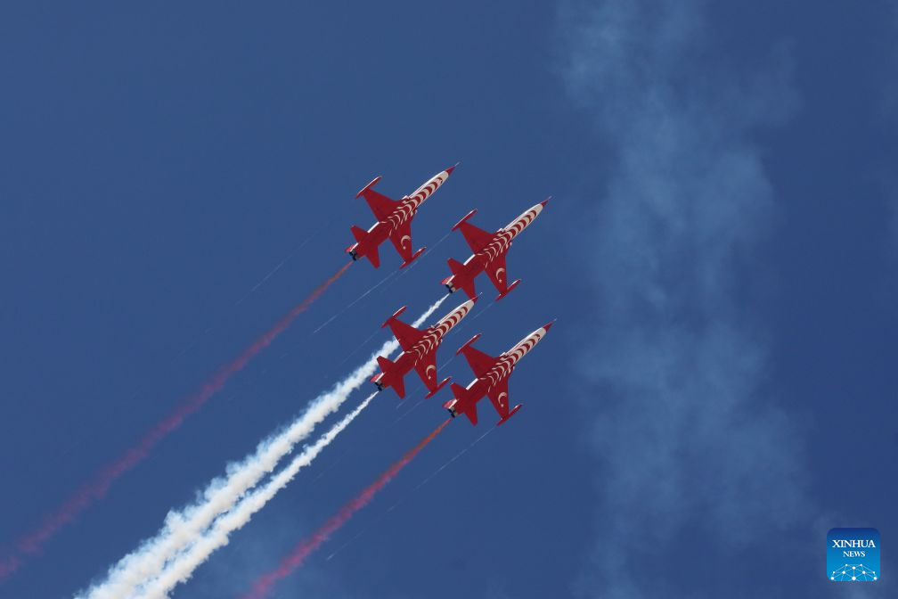 Turkish Air Force aerobatic team Turkish Stars performs during the El Alamein International Airshow at El Alamein International Airport in El Dabaa, Egypt, Sept. 9, 2026. The second edition of the El Alamein International Airshow kicked off at El Alamein International Airport in El Dabaa, Egypt on Tuesday.
The three-day event features aircraft exhibitions, flying displays, and an exhibition of aerospace, defense, and space products and services, according to the show's official website. (Xinhua/Ahmed Gomaa)