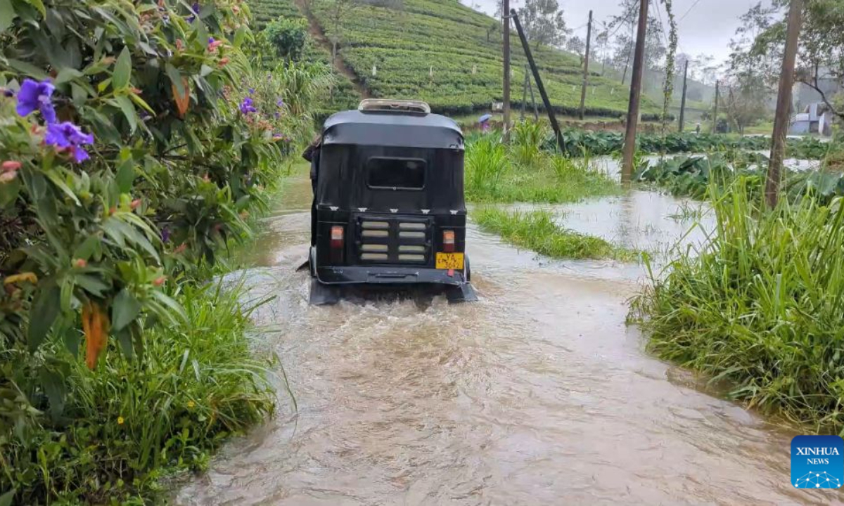 This screenshot from a video clip taken on Aug. 3, 2026 shows an inundated street in Nuwara Eliya, Sri Lanka. At least six people have died due to adverse weather conditions currently affecting Sabaragamuwa Province and Kandy and Nuwara Eliya districts in central Sri Lanka, local police said Tuesday. (Photo by Gayan Sameera/Xinhua)