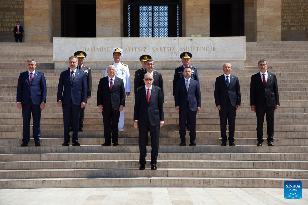Turkish President Recep Tayyip Erdogan (front) and members of the Supreme Military Council pose for a photo during their visit to Anitkabir, the mausoleum of Turkish Republic's founder Mustafa Kemal Ataturk, in Ankara, Türkiye, on Aug. 4, 2026. (Mustafa Kaya/Handout via Xinhua)