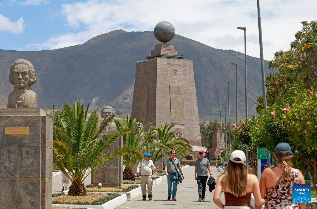 Tourists visit the Mitad Del Mundo in Quito, Ecuador, Aug. 15, 2026. (Photo by Ricardo Landeta/Xinhua)