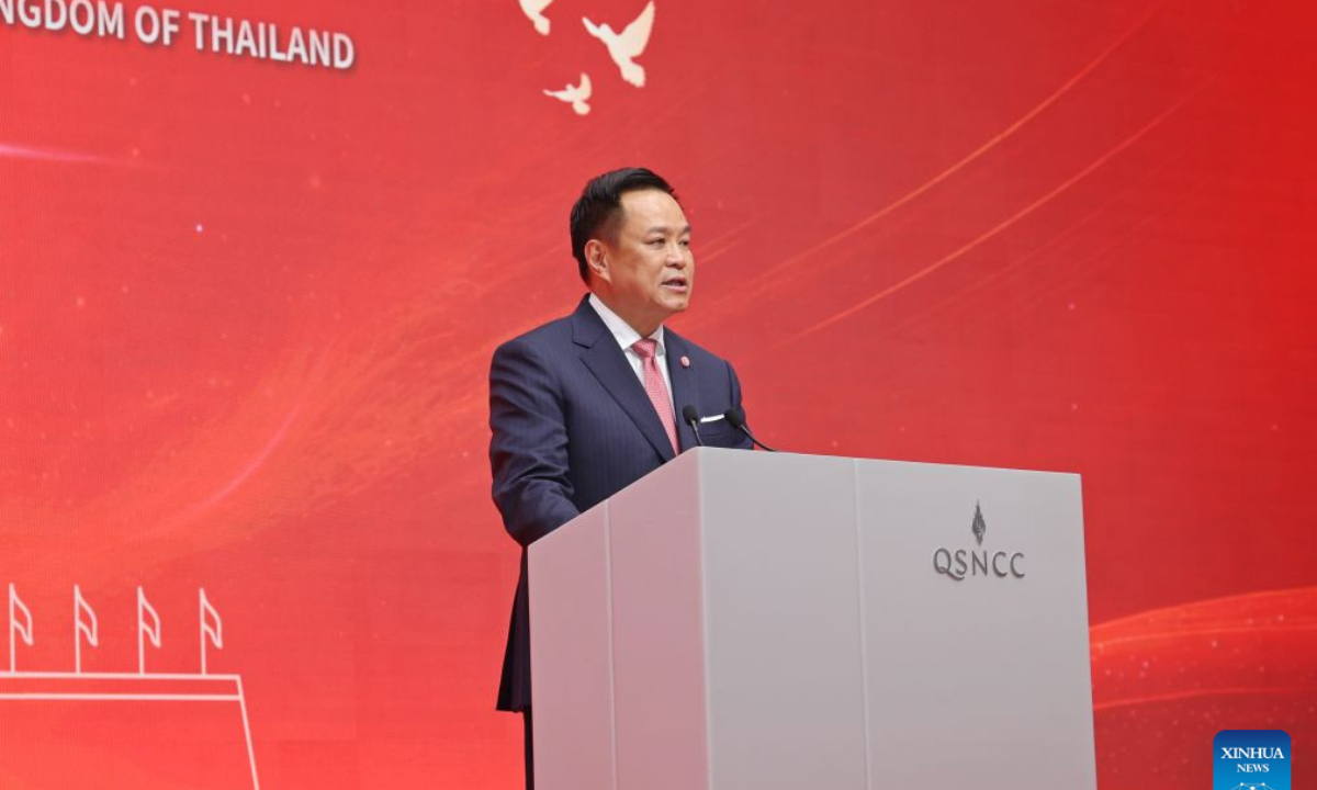 Thai Prime Minister Anutin Charnvirakul addresses a reception hosted by the Chinese Embassy in Thailand to celebrate the upcoming 77th anniversary of the founding of the People's Republic of China, in Bangkok, Thailand, Sept. 17, 2026. Anutin said on Thursday that China's development has not only created opportunities and improved the well-being for the Chinese people, but also played an important role in driving economic growth and development in the region and the world. He made the remarks at the reception. (Xinhua/Sun Weitong)