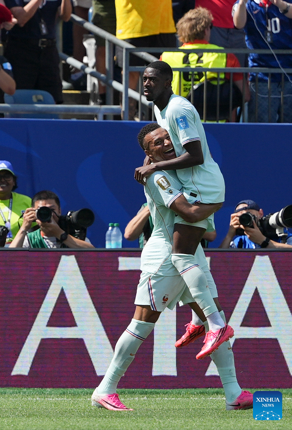 Ousmane Dembele (top) of France celebrates a goal with Kylian Mbappe of France during the group I match between Norway and France at the 2026 FIFA World Cup at Boston Stadium in Boston, the United States, June 26, 2026. (Xinhua/Huang Zongzhi)