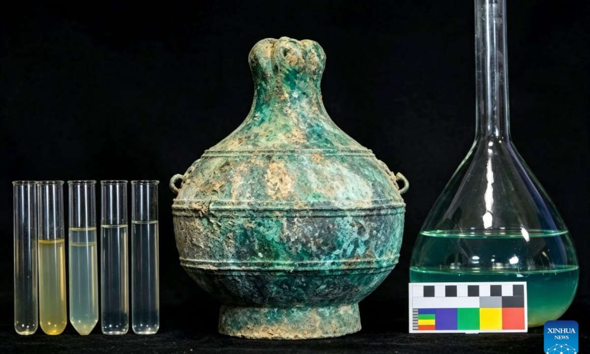 This photo taken on Aug. 6, 2024 shows the residue of a grain-based alcoholic drink from the Warring States Period (475 BC-221 BC) in Guyuan, northwest China's Ningxia Hui Autonomous Region. (Xinhua)