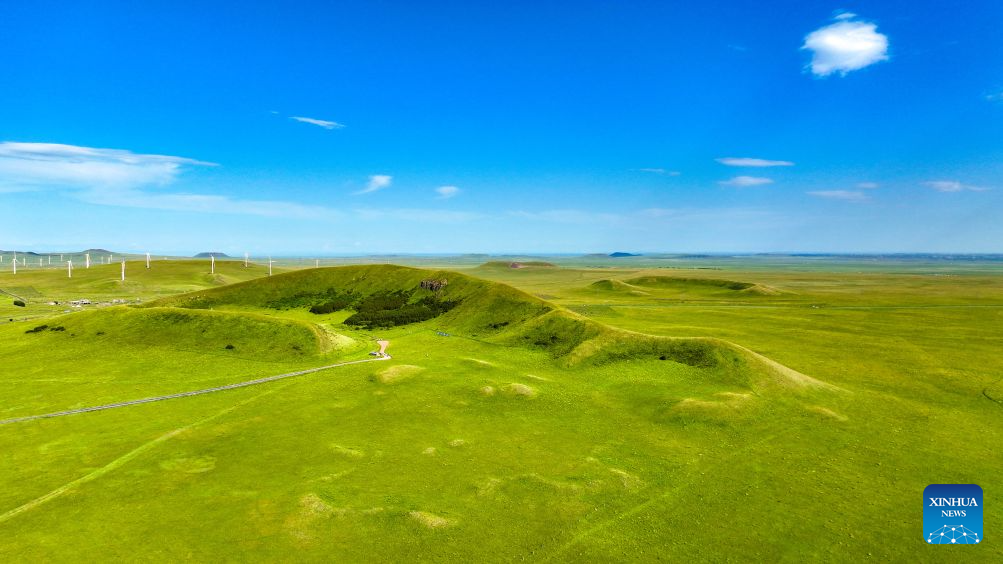 An aerial drone photo taken on July 19, 2026 shows a volcano in a national geopark in Xilingol League, north China's Inner Mongolia Autonomous Region. (Photo by Wang Zheng/Xinhua)