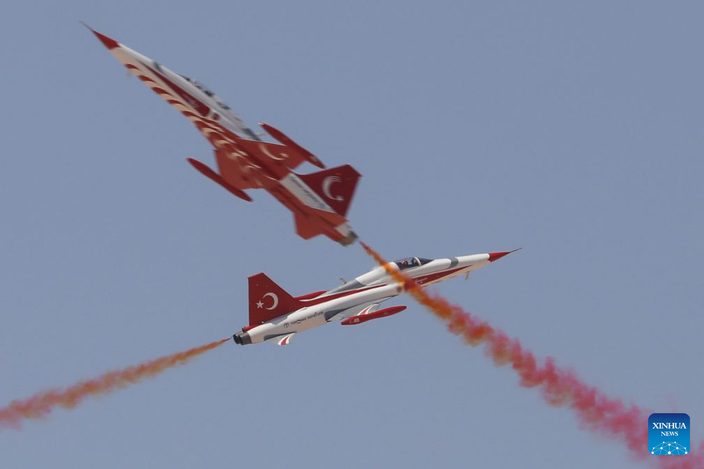 Turkish Air Force aerobatic team Turkish Stars performs during the El Alamein International Airshow at El Alamein International Airport in El Dabaa, Egypt, Sept. 9, 2026. The second edition of the El Alamein International Airshow kicked off at El Alamein International Airport in El Dabaa, Egypt on Tuesday.
The three-day event features aircraft exhibitions, flying displays, and an exhibition of aerospace, defense, and space products and services, according to the show's official website. (Xinhua/Ahmed Gomaa)