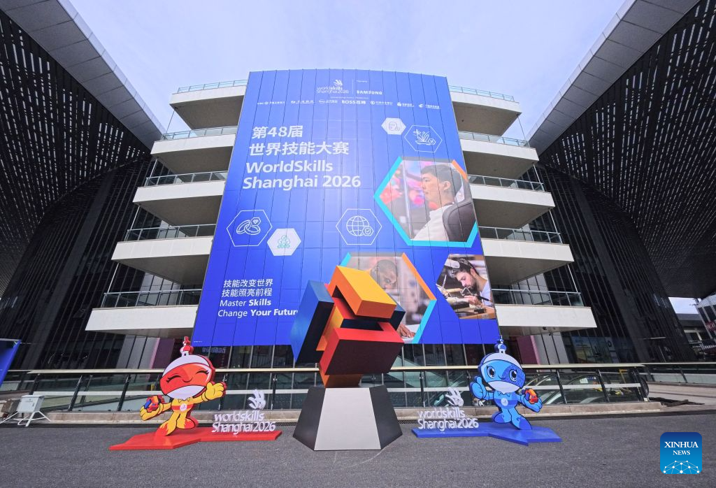Decorations themed on the 48th WorldSkills Competition are seen at the National Exhibition and Convention Center (Shanghai) in east China's Shanghai, Sept. 15, 2026. The 48th WorldSkills Competition is scheduled to take place from September 22 to 27 in Shanghai. (Xinhua/Fang Zhe)