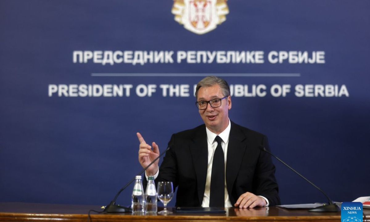 Serbian president Aleksandar Vucic speaks during a press conference in Belgrade, Serbia, Sept. 27, 2026. Aleksandar Vucic signed and submitted his resignation on Sunday, stepping down as president. (Photo by Predrag Milosavljevic/Xinhua)