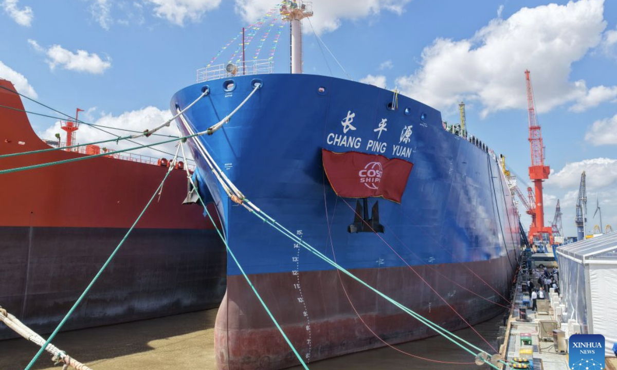 A drone photo taken on Sept. 8, 2026 shows the Chang Ping Yuan, a very large gas carrier (VLGC), at a port of COSCO Shipping (Qidong) Offshore Co., Ltd. in Qidong, east China's Jiangsu Province. The independently designed and built 88,000-cubic-meter very large gas carrier (VLGC) Chang Ping Yuan was delivered on Tuesday. The vessel is 230 meters in length and has a moulded depth of 23.85 meters. (Photo by Xu Congjun/Xinhua)