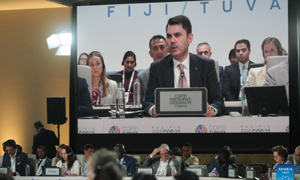 Murat Kurum, president-designate of the 31st Conference of the Parties (COP31) of the United Nations Framework Convention on Climate Change, delivers a speech at a ministerial preparatory meeting ahead of COP31 (Pre-COP31) in Nadi, Fiji, Oct. 7, 2026. (Xinhua/Bai Yongquan)