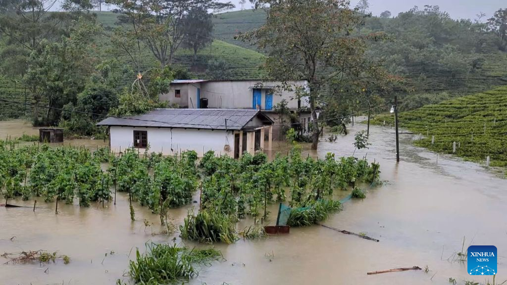 This screenshot from a video clip taken on Aug. 3, 2026 shows an inundated house in Nuwara Eliya, Sri Lanka. At least six people have died due to adverse weather conditions currently affecting Sabaragamuwa Province and Kandy and Nuwara Eliya districts in central Sri Lanka, local police said Tuesday. (Photo by Gayan Sameera/Xinhua)