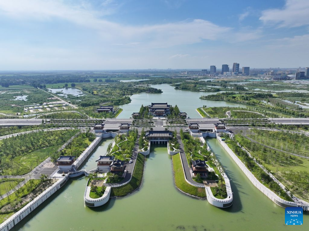 An aerial drone photo taken on Aug. 4, 2026 shows a view of the Nanhe water conservancy hub in Xiong'an New Area, north China's Hebei Province. The Nanhe water conservancy hub in Xiong'an New Area serves as a flood control barrier while also supporting sightseeing and tourism, ecological experiences and inland navigation. (Xinhua/Mu Yu)