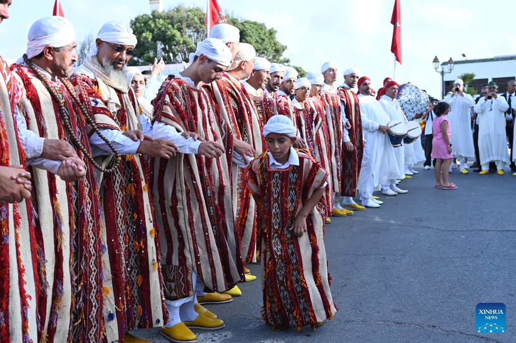 People take part in celebrations held ahead of Mawlid al-Nabi, which commemorates birth of the Islamic founder Prophet Muhammad, in Sale, Morocco, Aug. 24, 2026. (Photo by Aissa/Xinhua)
