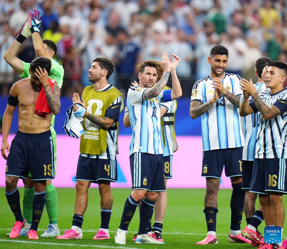 Lionel Messi (C) of Argentina greets spectators after the group J match between Argentina and Austria at the 2026 FIFA World Cup at Dallas Stadium in Dallas, the United States, June 22, 2026. (Photo: Xinhua)