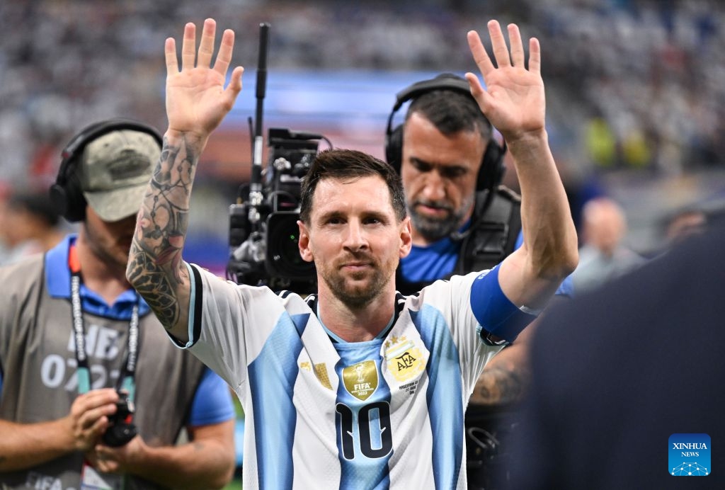 Lionel Messi of Argentina greets spectators after the group J match between Argentina and Austria at the 2026 FIFA World Cup at Dallas Stadium in Dallas, the United States, June 22, 2026. (Photo: Xinhua)