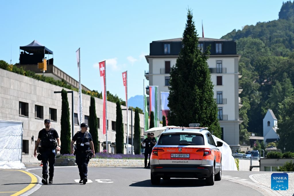 Police officers stand guard in Buergenstock near Lucerne, Switzerland, June 22, 2026. Switzerland said on Monday that it welcomes the constructive progress made during talks between Iran, the United States and the mediators that continued throughout Sunday night at the Buergenstock resort in Switzerland. (Photo: Xinhua)