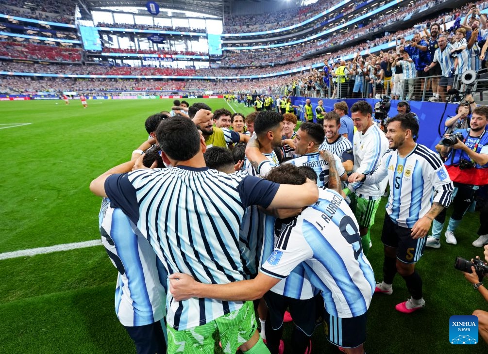 Players of Argentina celebrate a goal during the group J match between Argentina and Austria at the 2026 FIFA World Cup at Dallas Stadium in Dallas, the United States, June 22, 2026. (Photo: Xinhua)