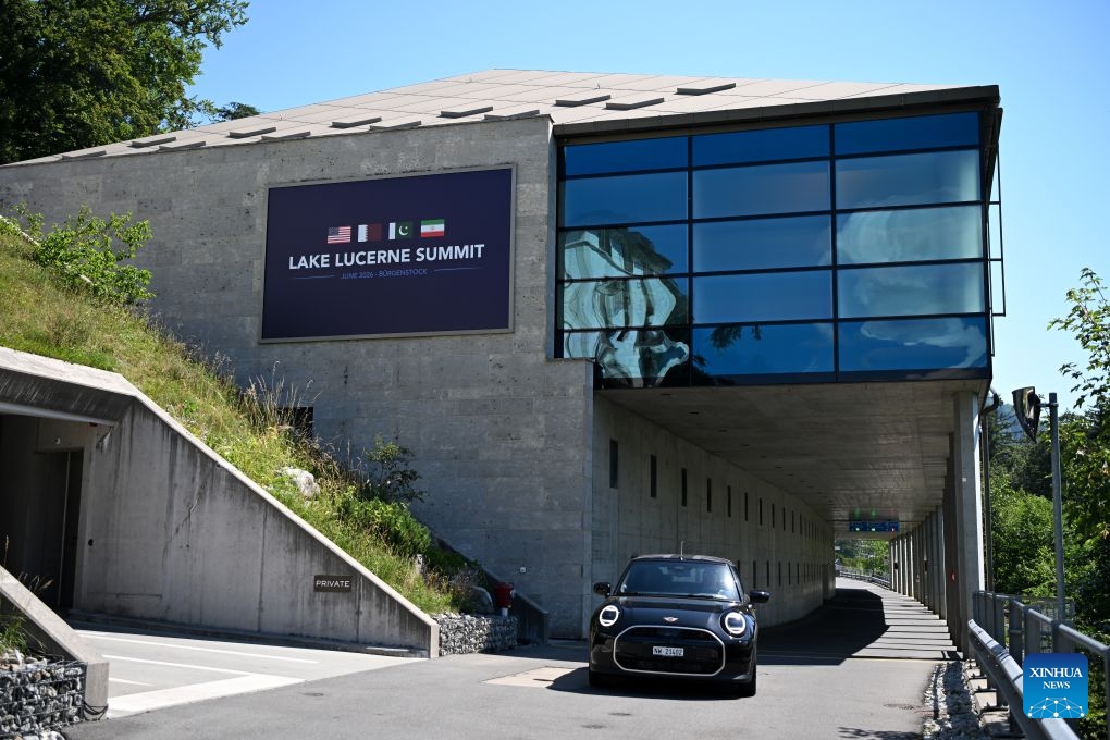 A building with a sign of talks between Iran, the United States and the mediators is pictured in Buergenstock near Lucerne, Switzerland, June 22, 2026. Switzerland said on Monday that it welcomes the constructive progress made during talks between Iran, the United States and the mediators that continued throughout Sunday night at the Buergenstock resort in Switzerland. (Photo: Xinhua)