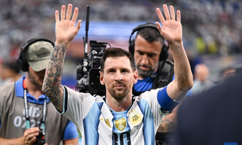 Lionel Messi of Argentina greets spectators after the group J match between Argentina and Austria at the 2026 FIFA World Cup at Dallas Stadium in Dallas, the United States, June 22, 2026. (Photo: Xinhua)