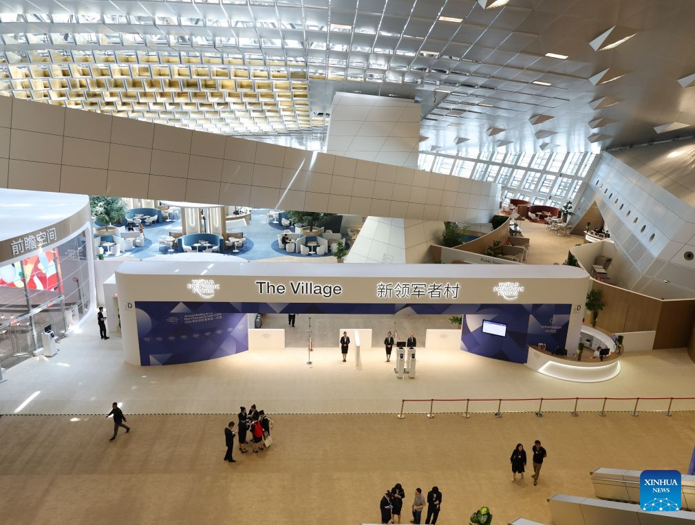 This photo taken on June 22, 2026 shows an interior view of the Dalian International Conference Center, venue of the 2026 Summer Davos, in Dalian, northeast China's Liaoning Province. The World Economic Forum's Annual Meeting of the New Champions, also known as the Summer Davos forum, will be held in the port city of Dalian from June 23 to 25. (Photo: Xinhua)