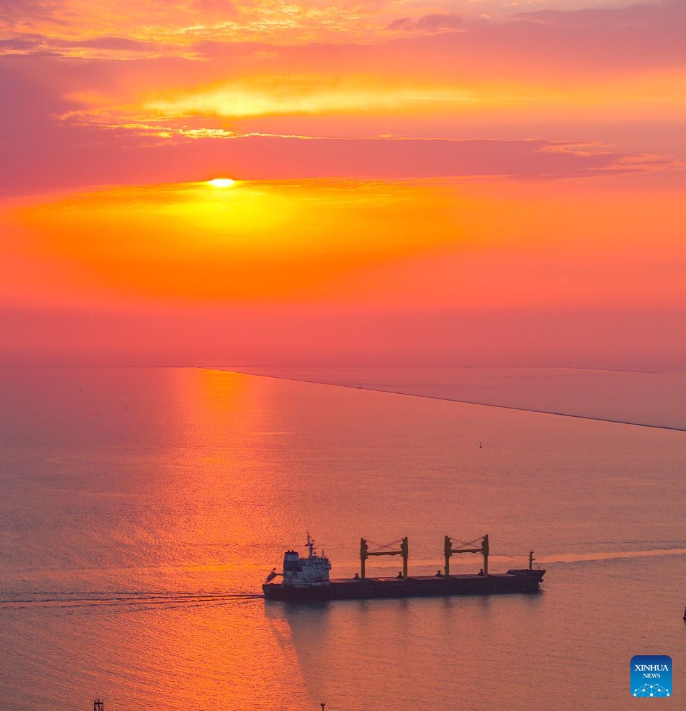 An aerial drone photo taken on June 23, 2026 shows a vessel departing from Jingtang area of Tangshan Port in Tangshan City, north China's Hebei Province. (Photo: Xinhua)