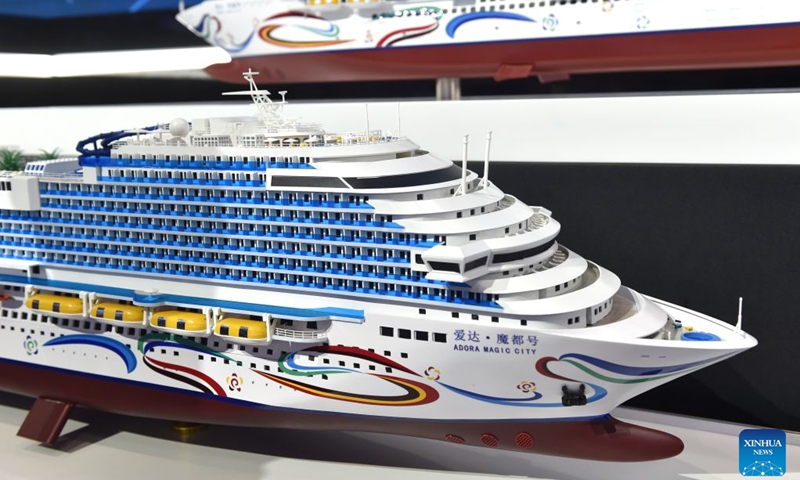 This photo taken on June 23, 2026 shows a model of the cruise ship Adora Magic City during the fourth China International Supply Chain Expo (CISCE) in Beijing, capital of China. The fourth CISCE is held in Beijing from June 22 to 26. (Photo: Xinhua)