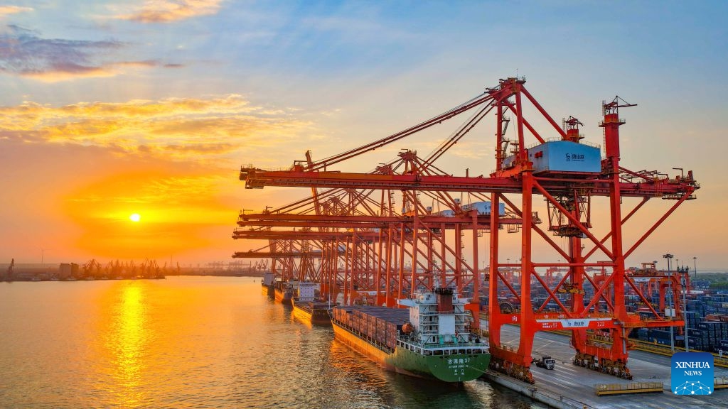 An aerial drone photo taken on June 23, 2026 shows a vessel departing from Jingtang area of Tangshan Port in Tangshan City, north China's Hebei Province. (Photo: Xinhua)