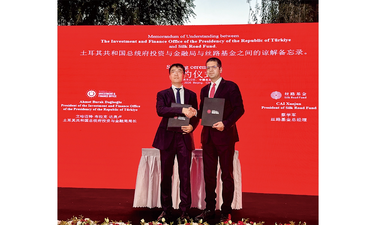 Ahmet Burak Daglioglu (right), president of the Investment and Finance Office of the Presidency of Türkiye, and Cai Xuejun, president of the Silk Road Fund, shake hands after signing an MOU in Beijing, on June 22, 2026. Photo: Dong Feng/GT