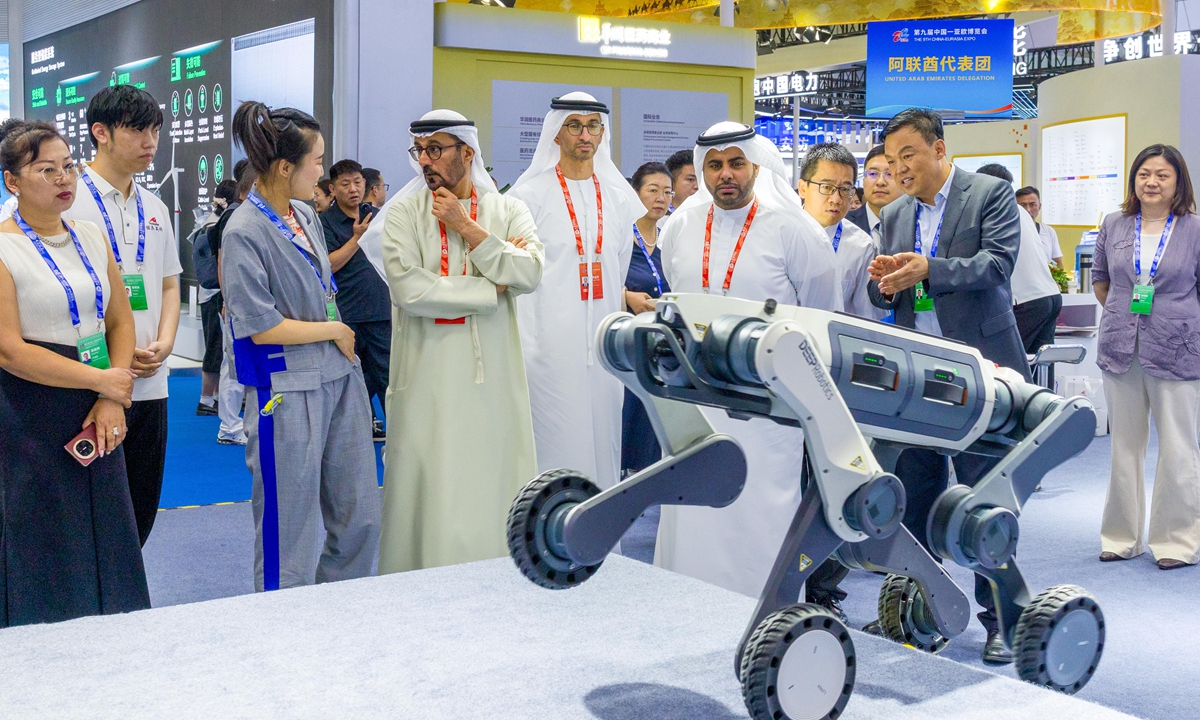 Business delegates from the United Arab Emirates visit the booth of a Chinese robotics company at the 9th China-Eurasia Expo in Urumqi, capital of Northwest China's Xinjiang Uygur Autonomous Region on June 26, 2026. The expo is an event promoting trade and investment cooperation across Asia and Europe. Photo: CNS Photo