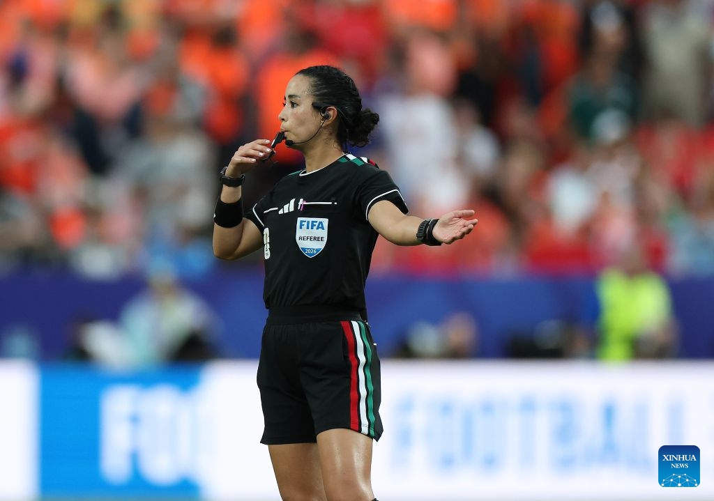 Referee Katia Itzel Garcia Mendoza reacts during the group F match between the Netherlands and Tunisia at the 2026 FIFA World Cup at Kansas City Stadium in Kansas City, the United States, June 25, 2026. (Xinhua/Li Ying)