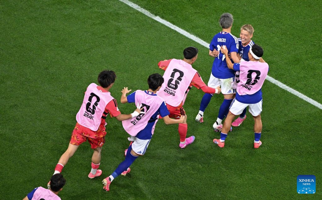 Players of Japan celebrate scoring during the group F match between Japan and Sweden at the 2026 FIFA World Cup at Dallas Stadium in Dallas, the United States, on June 25, 2026. (Xinhua/Cheng Min)