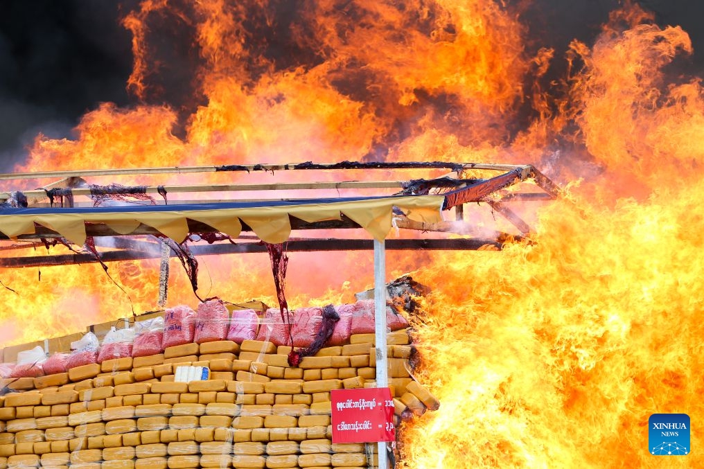 Seized drugs are burnt in Yangon, Myanmar, June 26, 2026. Myanmar authorities marked the 39th International Day Against Drug Abuse and Illicit Trafficking on Friday, destroying large quantities of seized narcotics and precursor chemicals in ceremonies held in Yangon, Mandalay and Taunggyi. (Photo: Xinhua)
