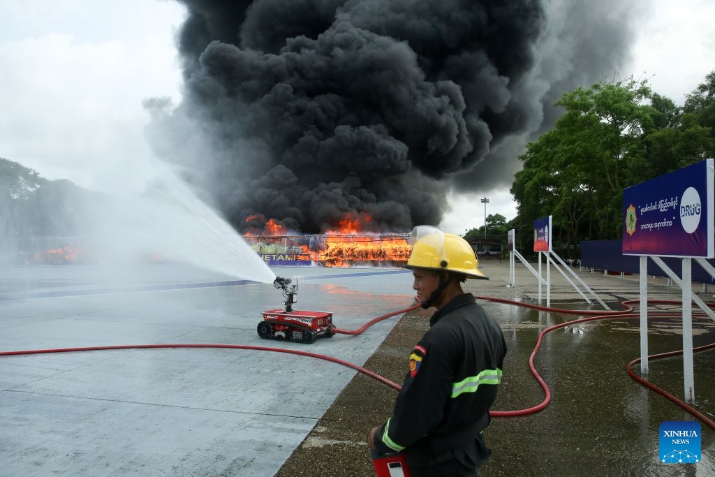 Seized drugs are burnt in Yangon, Myanmar, June 26, 2026. Myanmar authorities marked the 39th International Day Against Drug Abuse and Illicit Trafficking on Friday, destroying large quantities of seized narcotics and precursor chemicals in ceremonies held in Yangon, Mandalay and Taunggyi. (Photo: Xinhua)