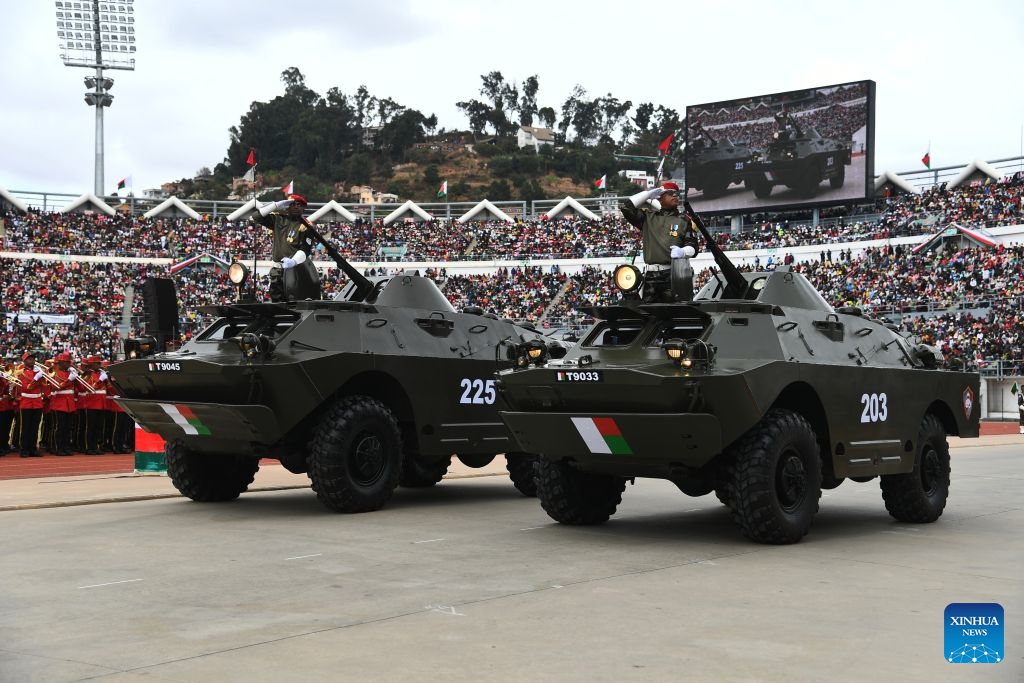 A military parade is held during a celebration marking the 66th anniversary of Madagascar's independence in Antananarivo, Madagascar, on June 26, 2026. (Photo: Xinhua)