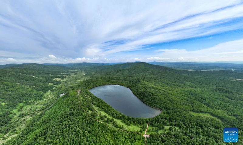 An aerial drone photo taken on June 27, 2026 shows the summer scenery of the Arxan National Forest Park, Hinggan League, north China's Inner Mongolia Autonomous Region. (Xinhua/Bei He)

