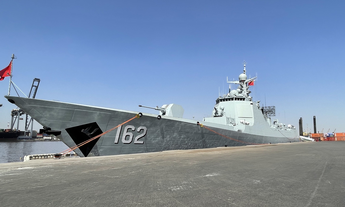 The guided missile destroyer Nanning of the Chinese People's Liberation Army Navy is moored at a port in Karachi, Pakistan on February 12, 2023 during the AMAN-23 multinational maritime exercise. Photo: Liu Xuanzun/GT