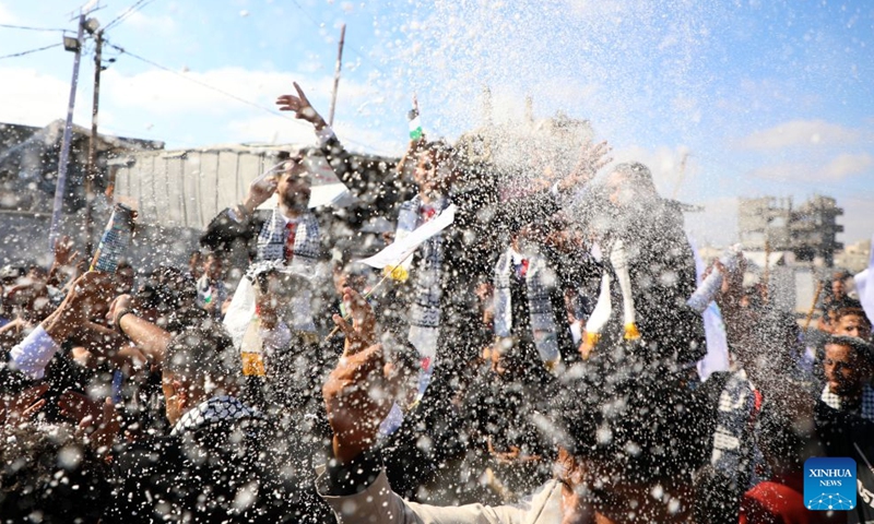 This photo taken on June 28, 2026 shows a scene of a group wedding in Jabalia refugee camp in the northern Gaza Strip. (Photo by Rizek Abdeljawad/Xinhua)

