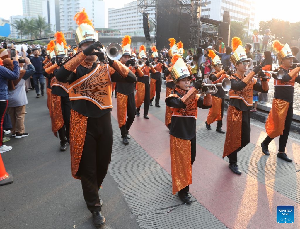 Performers take part in a parade during celebrations marking Jakarta's 499th anniversary in Jakarta, Indonesia, June 28, 2026. (Xinhua/Cen Yunpeng)

