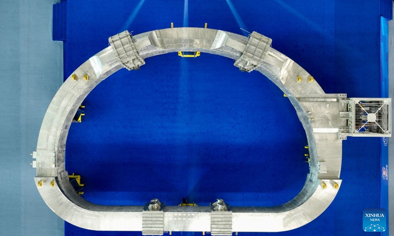 A drone photo taken on June 27, 2026 shows the toroidal-field superconducting magnet for the fusion reactor in Hefei, east China's Anhui Province.