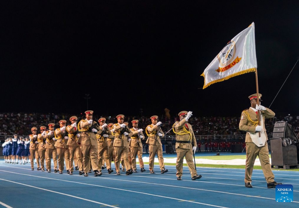 This photo taken on June 28, 2026 shows a scene of a parade held during the National Day celebrations commemorating the 50th anniversary of Seychelles' Independence in Victoria, Seychelles. (Photo: Xinhua)