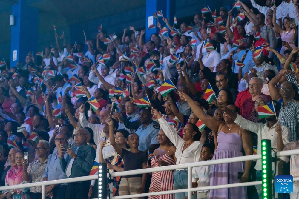 People watch the National Day celebrations commemorating the 50th anniversary of Seychelles' Independence in Victoria, Seychelles, June 28, 2026. (Photo: Xinhua)