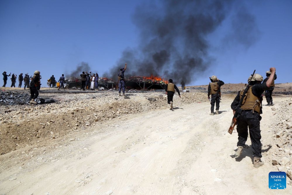 Illicit narcotics are burned in Saada, Yemen, on June 29, 2026. Houthi authorities destroyed tonnes of seized narcotics here on Monday. (Photo: Xinhua)