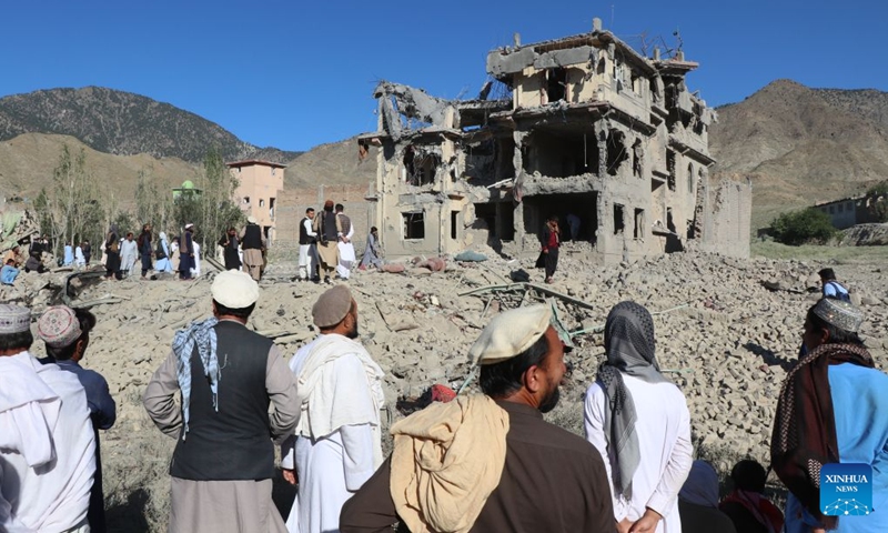 People inspect a damaged building after an airstrike in Paktia Province, Afghanistan, June 29, 2026. Afghan government officials said on Monday that Pakistani airstrikes in eastern Afghanistan killed at least 36 people and injured 163 others. Hamdullah Fitrat, deputy spokesperson for the Afghan government, posted on the social media platform X that the strikes occurred on Sunday night in the provinces of Paktia, Paktika and Kunar, all of which share a border with Pakistan. (Photo: Xinhua)