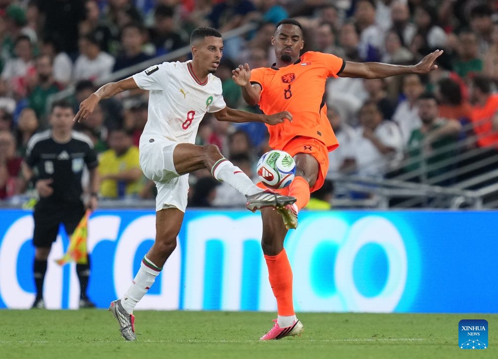 Azzedine Ounahi (L) of Morocco vies with Ryan Gravenberch of the Netherlands during the round of 32 match between the Netherlands and Morocco at the 2026 FIFA World Cup at Estadio Monterrey in Monterrey, Mexico, on June 29, 2026. (Photo: Xinhua)